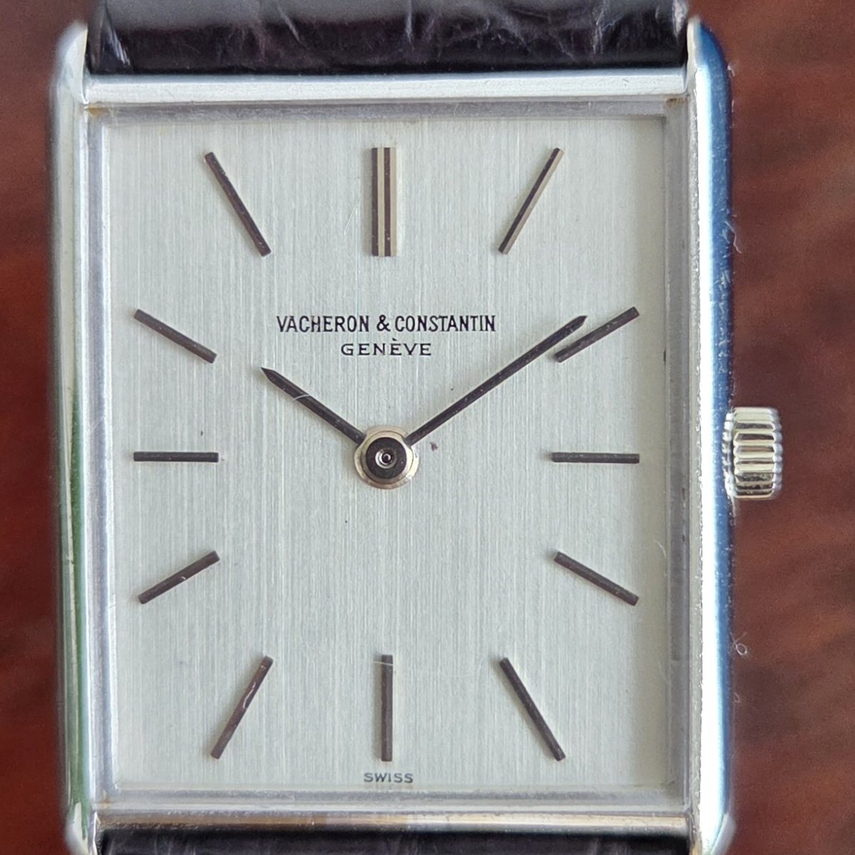The rectangular Vacheron Constantin ref. 7753 square-on, on its black alligator strap, brushed silver dial with applied baton markers.